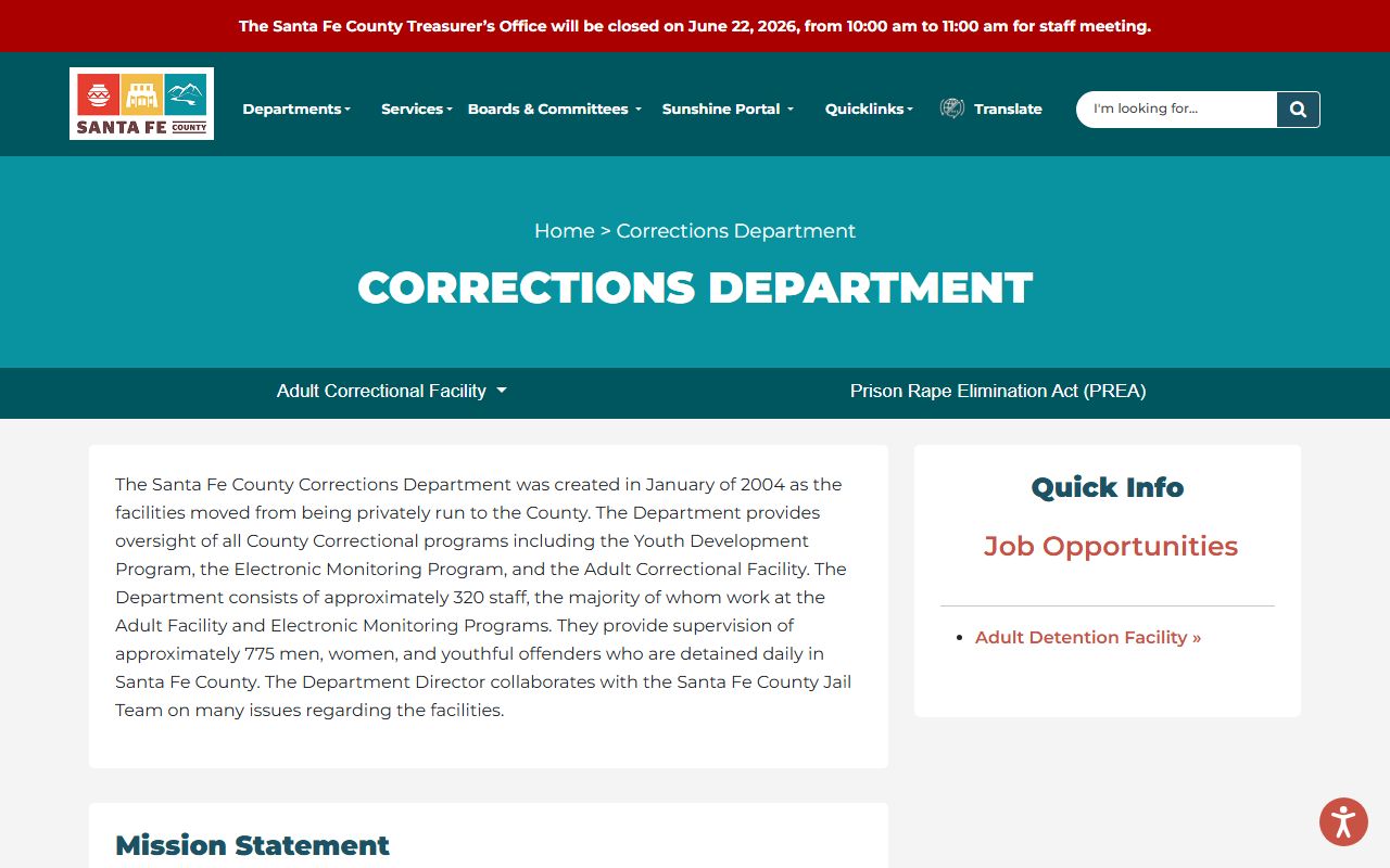 Santa Fe County inmate population corrections department overview