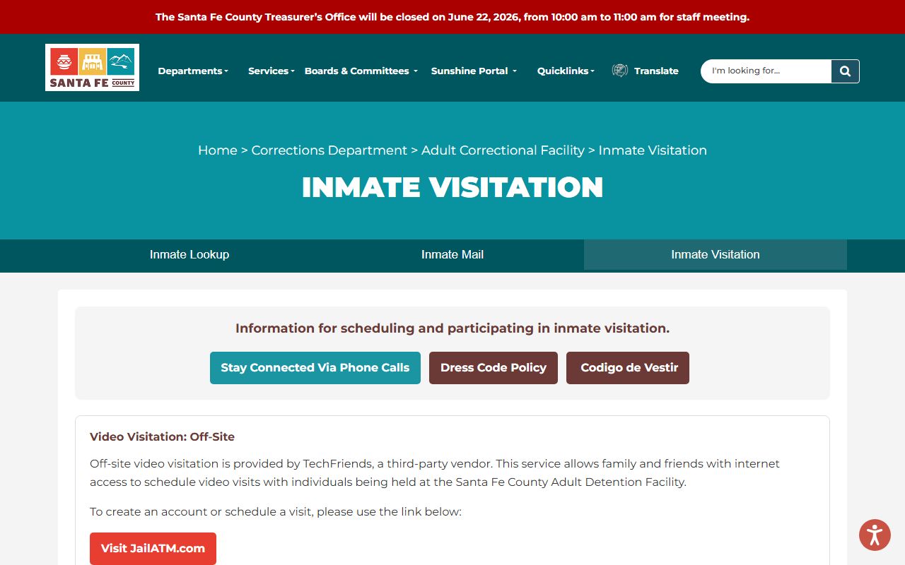 Santa Fe County Adult Correctional Facility visitation rules for inmate visits